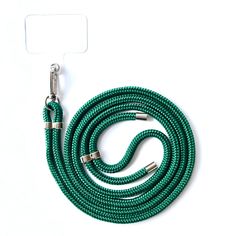 a close up of a green rope on a white surface with a metal hook in the middle