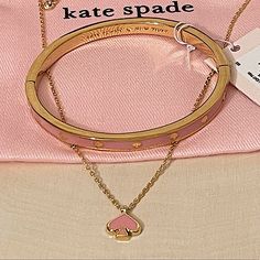 Necklace Enamel Color: Light Pink Necklace With A Lobster Claw Closure Total Chain Length 17”+3 $59 Enamel Hinged Bangle Plated With Enamel Fill Hinge Open Color: Light Pink $59 Trendy Kate Spade Bracelet, Kate Spade Gold Bracelets, Light Pink Necklace, Kate Spade Minnie Mouse, Spade Necklace, Kate Spade Logo, Pink Kate Spade, Kate Spade Necklace, Bow Necklace