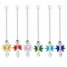 six different colored bows hanging from chains