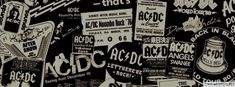 a black and white wall with various concert posters on it's sides, including the words ac dc