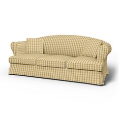 a yellow and white checkered couch on a white background