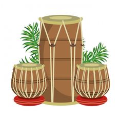 three wooden drums with grass on top