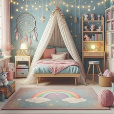 a child's bedroom decorated in pastel colors