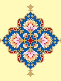 an ornate blue and yellow design with pink flowers on the center, is featured in this image