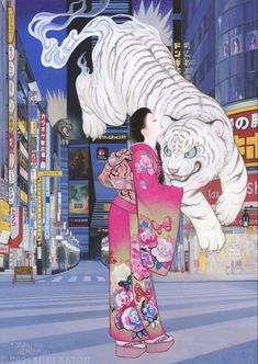 a painting of a woman holding a white tiger in the middle of a city street