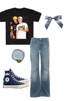 a pair of blue jeans, black t - shirt and converse high top sneakers are featured in this image