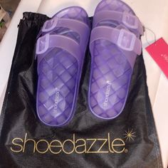 *New* Shoe Dazzle Sadie Sandal- Color: Easter Egg (Lilac) Double Buckle, Waterproof, Easy To Clean Perfect To Slip On To & From The Store, Pool, Beach, Etc! Purple Cushioned Slip-on Sandals, Purple Synthetic Jelly Sandals For Summer, Purple Slip-on Sandals For Summer, Purple Open Toe Jelly Sandals For Summer, Purple Slide Sandals For Summer, Purple Flat Heel Beach Sandals, Purple Jelly Sandals For Beach In Spring, Casual Closed Toe Purple Sandals, Casual Purple Closed Toe Sandals