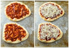 four different types of pizzas with cheese and sauce on them sitting on a baking sheet