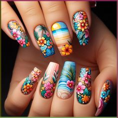 Get ready for summer with vibrant nail designs that capture the fun and warmth of the season. Popular summer nail trends include bright colors like coral, yellow, and turquoise, paired with tropical designs such as palm trees, seashells, and flamingos. Gradient ombre styles, fruit-themed decals, and bold patterns bring a playful, refreshing vibe. For a chic summer look, opt for floral designs, glitter accents, or rhinestones. These trendy summer nail designs will make your nails stand out, whether at the beach or a summer party. Keep your nails fresh and stylish all season long with these fun ideas! Nails Fresh, Yellow And Turquoise, Vibrant Nails, Ombre Fashion, Animal Print Nails, Get Ready For Summer