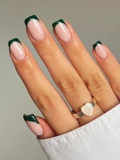 Dark Green French Tips, Milky White Short Nails, Green Hoco Nails, Dark Green French, Green French Tips, Emerald Green Nails, White Short Nails, Dance Nails, Hoco Nails