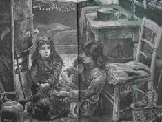 an open book with black and white drawings of children sitting at a table in front of a stove