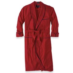 Classic men's red Viyella robe, trimmed with navy piping. Crafted in Canada using traditional Viyella cloth—a blend of 80% long-staple cotton and 20% Merino wool. Rich shawl collar, oversized belt, three functional pockets, and turned-back cuffs make this is a classic men's flannel robe. Oversized Belt, Flannel Robe, Classic Man, Shawl Collar, Piping, Merino Wool, Shawl, Trim, Turn Ons