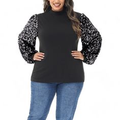 Elevate your party attire with our Anna-Kaci Women's Plus Size Sparkle Sequin Sweatshirt. Featuring a sparkly sequin design with long balloon sleeves and a mock neckline, this sweatshirt offers a relaxed fit and is suitable for various occasions from parties to dance shows. Glamorous Long Sleeve Glitter Tops, Long Sleeve Tops For Christmas Night Out, Glamorous Long Sleeve Winter Top, Black Tops For Christmas Party, Glitter Tops For Winter Night Out, Holiday Sequin Stretch Top, Sequin Stretch Tops For Holidays, Black Party Tops For Christmas, Holiday Sequined Stretch Tops