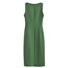 This midi dress offers a regular fit and features a non-stretch, polyester fabric with a solid pattern. The sleeveless tank style, straight silhouette, and the O-neckline and natural waistline create a simple and elegant look. There is no decoration, making this dress suitable for everyday wear in autumn and winter. It is made from synthetic fiber and has a zipper closure. The dress is of high quality and originates from Mainland China, specifically Jiangsu. Sleeveless Solid Color Midi Dress For Work, Solid Color Sheath Midi Dress For Spring, Spring Solid Color Sheath Midi Dress, Green Sleeveless Plain Midi Dress, Green Sleeveless Solid Midi Dress, Chic Sleeveless Midi Dress In Solid Color, Chic Solid Color Sleeveless Midi Dress, Summer Workwear Solid Color Bodycon Dress, Summer Workwear Bodycon Dress In Solid Color