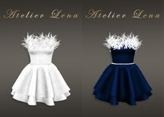 two dresses with feathers on them, one is white and the other is blue in color