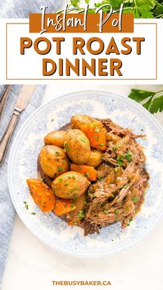 the instant pot roast dinner is served on a blue and white plate with silverware