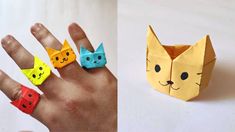 an origami cat ring is shown next to a hand with four different colored cats on it