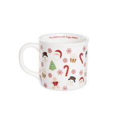 a white coffee mug with christmas themed designs on the front and sides, sitting against a white background