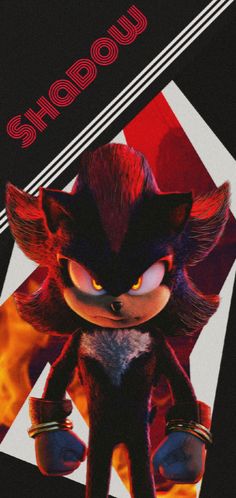 an image of shadow from sonic the hedgehog on a black and white background with red text