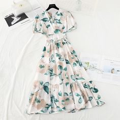 Pattern: Broken Flowers Size: s, m, l Color: green, yellow, pink purple Slim Waist, Green Yellow, Long Skirt, Pink Purple, Bubbles, Long Sleeve Dress, V Neck, Skirt, Purple