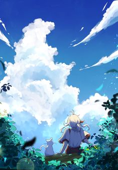 an anime scene with the sky and clouds