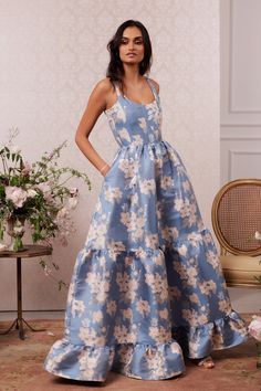 Meet The Avery Dress! She's a beautifully corseted scoop-neck gown with cascading gathered tiers and side pockets. Fall in love with her classic silhouette and darling floral details. Featured in our romantic Dusk Blue Baroque Floral brocade, which features soft pink flowers on a blue background, she's the perfect part Wedding Dress With Pleated Bodice And Tiered Shape, Garden Party Dress With Fitted Bodice And Tiered Shape, Tiered Dress With Fitted Bodice For Garden Party, Garden Party Tiered Dress With Fitted Bodice, Soft Pink Flowers, Black Tie Wedding Guest Dress, 30th Birthday Bash, Baroque Floral, Dusk Blue