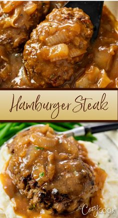 hamburger steak with gravy Thick Brown Gravy Recipe, Meatloaf With Gravy Recipes Easy, Hamburger Main Dishes, Onion Gravy Smothered Steak, Smother Steak, Smothered Meatballs Gravy, Homemade Hamburgers Recipe, Poor Man Steak Recipes, Hamburger And Potato Recipes Skillet