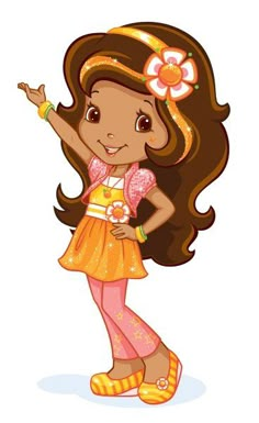 a cartoon girl with long brown hair and flower in her hair