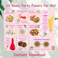 10 blue party favors for girls with candy, candies, cookies and other items