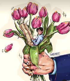 a drawing of a man holding flowers in his hand