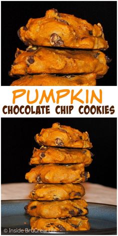 pumpkin chocolate chip cookies stacked on top of each other