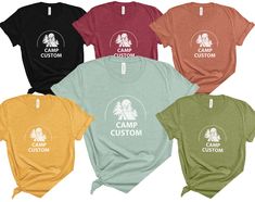 Customize your Summer Camp Tees with your Camp Name! Choose your color and size for each shirt and add what you would like on the shirt in the personalization box and then add to cart. Repeat this process until you have all the shirts you need!  -- Unisex Tees -- 👀 Sizing Info: Please check size chart for accurate size.  Fabric Info: Heather Colors are 52% airlume combed and ringspun cotton, 48% polyester Heather blend shirts are known for their softness and comfort, that is why I love them! HO Summer Camp Shirt, Mountains Camping, Camp Shirts, Kids Camp, Camping Tee, Custom Tee, Shirts Summer, Group Shirts, Adventure Camping