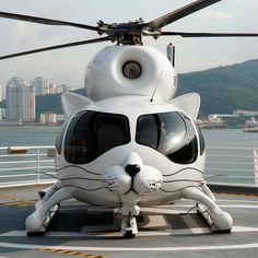 a white cat helicopter sitting on top of a tarmac next to the ocean with buildings in the background