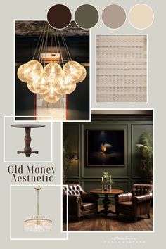 a collage of photos with different lighting fixtures and colors on them, including brown leather chairs