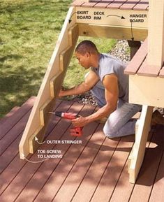 a man working on a wooden deck with the steps up to it and instructions below