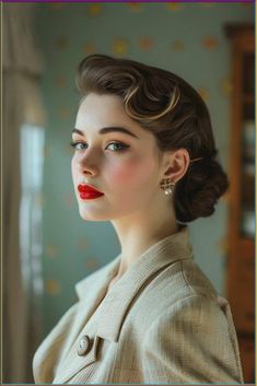 1940 Victory Rolls, 50s Hair Inspiration, 50s Updo Hairstyles, 1950s Long Hairstyles, Short Vintage Hairstyles, Vintage Hairdo, Acting Goals, Vintage Waitress, 1950 Hair