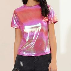 All Orders Ship Next Business Day! Women’s Holographic Metallic Pink And Gold Short Sleeve Party Tee. Conditions: Nwt/Clean Condition/Good Condition/No Holes/No Stains/No Pilling/No Fade The Color Is Pink And Gold Metallic Size L Measurements Are Approximate Great For Parties, Concerts, Date Night, Girls Night, Travel, Holidays Smoke Free Home! Night Travel, Metallic Shorts, Gold Shorts, Metallic Pink, Girls Night, Pink And Gold, Date Night, Blouses For Women, Top Blouse