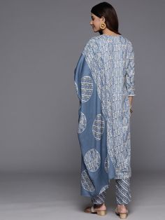 Grab this beautiful 3-piece set. The set comes with abstract print & embroidered straight shape kurta has round neck, 3/4th sleeves & calf length teamed with printed trouser pant with elasticated waistband and a dupatta. Color - Blue Kurta Fabric-Cotton Blend Pant Fabric-Cotton Blend Dupatta Fabric - Cotton Blend Neck-Round Neck Sleeves-3/4th Sleeves Work -Abstract Print & Embroidery Detailing Washing Instructions-Dry Clean DISCLAIMER - The color of the product may be differ due to screen settin Blue Kurta, Embroidered Suit, Formal Jewelry, Print Embroidery, Embroidery Detailing, Churidar, Suit Set, Fabric Shop, Embroidery Details