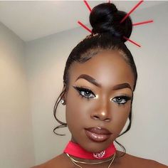 Chinese Bun Hairstyle Black Women, Hairstyles With Chopsticks, Chopstick Hairstyles, Chinese Party, Chopstick Hair, Estilo Swag, Birthday Hairstyles, Athletic Hairstyles, Dark Skin Makeup