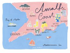 an illustrated map of the island of amalfi coast