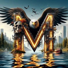 the letter m is made up of an eagle, skull and letters that spell it