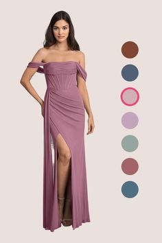 a woman in a purple dress standing next to color swatches and an image of the same