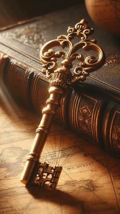 a golden key is sitting on top of an old book with a globe in the background