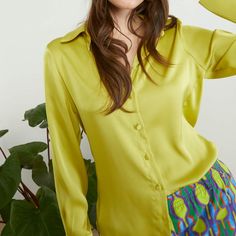 Neon Lime Green satin chemise shirt Top Trend: Neon Lime Green Made in ITALY Size M Green Silk Collared Shirt, Spring Long Sleeve Silk Shirt, Silk Long Sleeve Shirt For Spring, Long Sleeve Silk Shirt For Spring, Green Satin Top For Work, Green Satin Top For Workwear, Chic Satin Top With Spread Collar, Long Sleeve Satin Tops For Summer, Elegant Green Blouse With Spread Collar