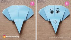 an origami elephant with eyes and nose drawn on it's side, next to the instructions for how to fold