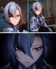 an anime character with grey hair and black eyes, in different stages of being animated