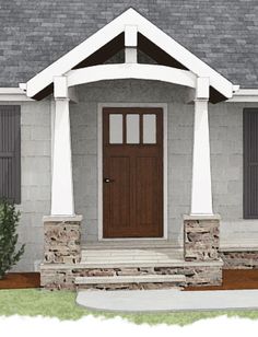 a gray house with white columns and a brown front door is shown in this drawing