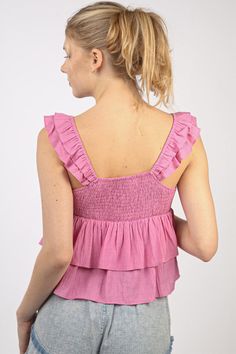 Blouse features a princess neckline, ruffled straps, front tie, tiered bodice and babydoll silhouette. 95% Cotton 5% Spandex Machine wash cold. Model is 5'10" and wearing a Small. Pink Tops With Smocked Back And Ruffled Straps, Pink Ruffled Square Neck Top, Fitted Smocked Top With Ruffles And Tiered Skirt, Pink Square Neck Top With Ruffles, Spring Smocked Top With Ruffled Straps And Details, Spring Smocked Top With Ruffles And Ruffled Straps, Flirty Ruffled Peplum Top For Summer, Flowy Ruffled Peplum Top For Summer, Feminine Tops With Ruffle Hem And Ruffled Straps