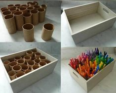 four different shots of colored crayons in a cardboard box, with the lid open