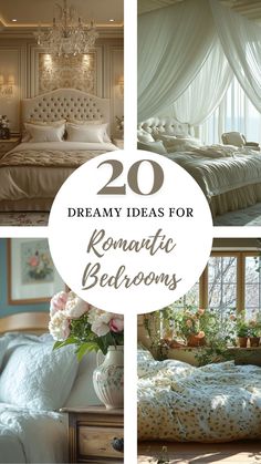 four different rooms with white bedding and curtains on them, including a chandelier